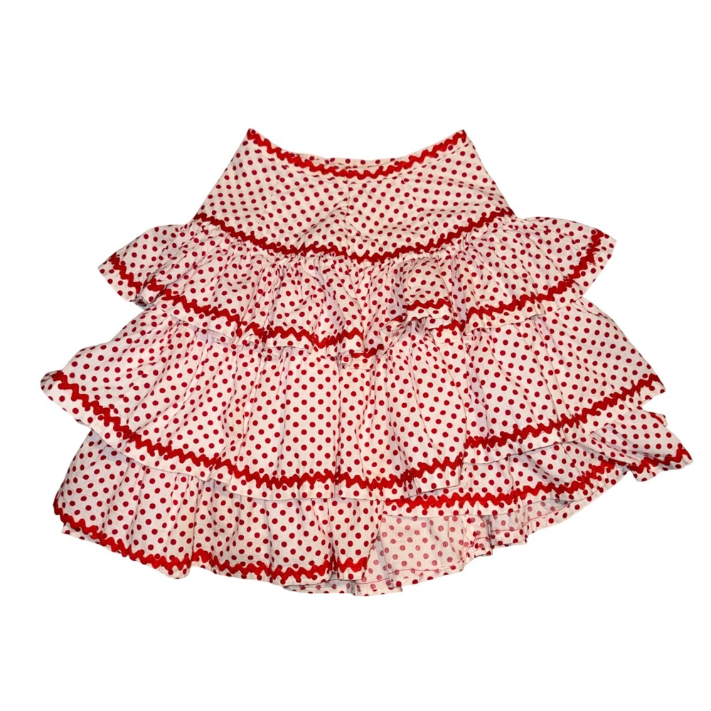 Vintage Kids Red Polka Dot Tiered Ruffle Skirt Ric Rac Trim Costume Retro